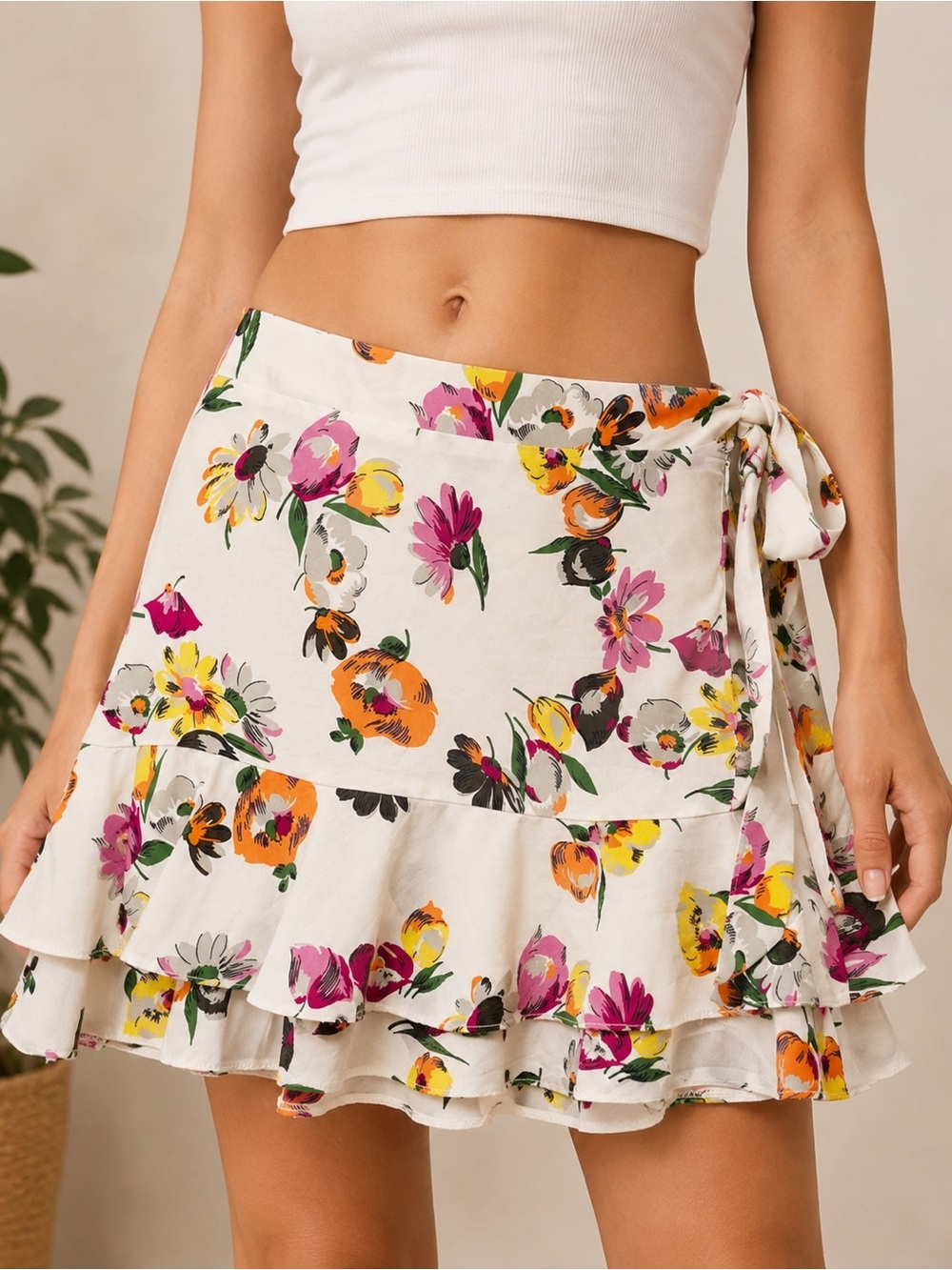 Zara TRF Preppy Floral Ruffle Silky Mini Skirt Tie Waist Cream Pink XS